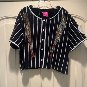 Queen of Sparkles Black & White Baseball Pinstripe Button Up Top